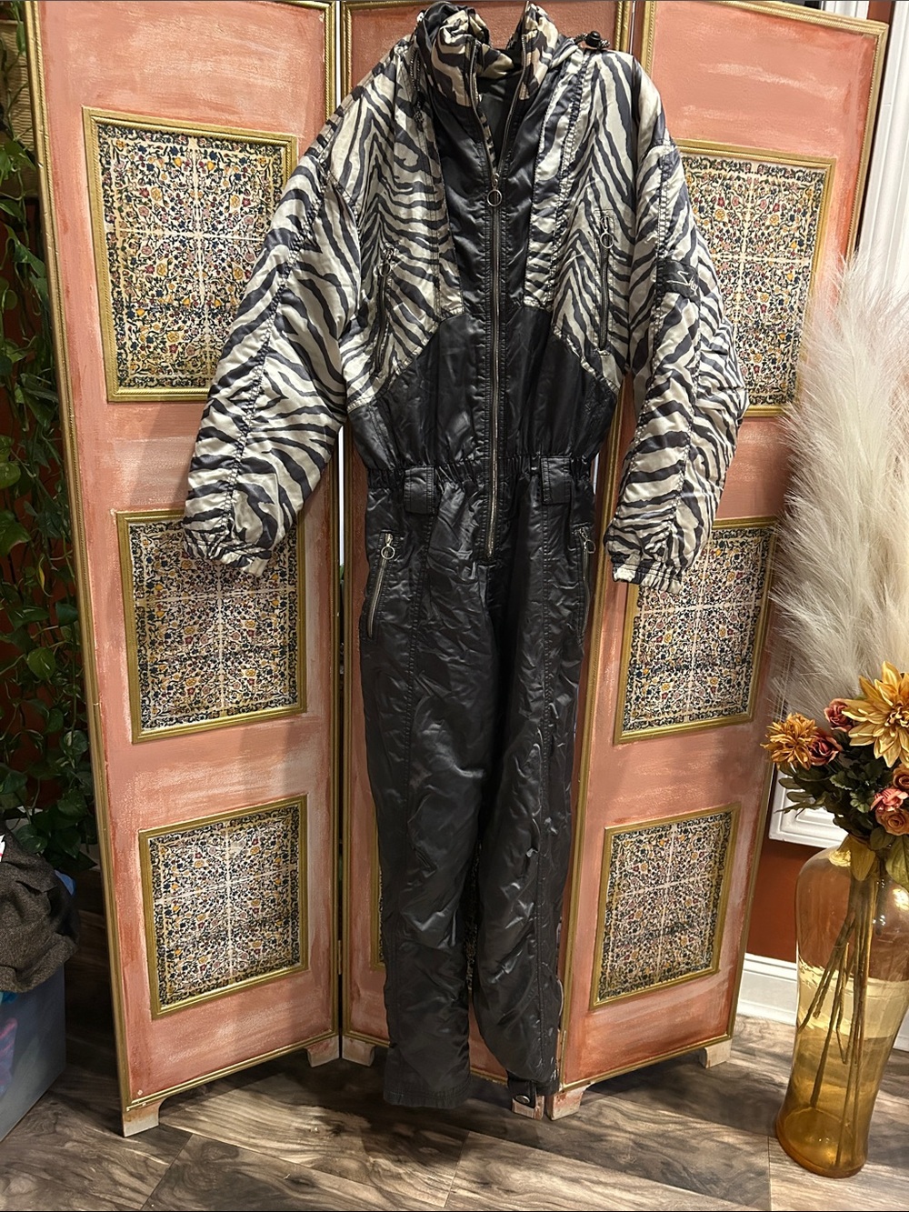 Dark and light silver Zebra-Print vintage Ski One-Piece ski or snowboard/winter